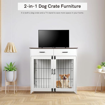 Snowtaros Dog Crate Furniture, 36.6 Inch Large Dog Crate with Drawers, Wooden Dog Kennel Indoor for Small Medium Large Dogs, Heavy Duty Dog Crate End Table with Double Doors
