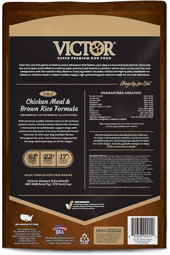 Victor Super Premium Dog Food  Chicken Meal & Brown Rice Formula - Dry Dog Food for All Normally Active Dogs of All Life Stages  Ideal for Dogs with Meat Protein Allergies, 5 lb