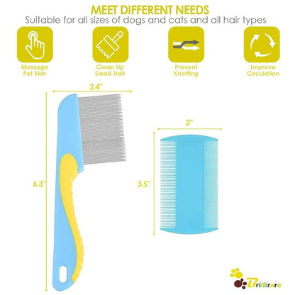 4 Pack Flea Lice Comb, Stainless Steel Dog Cat Grooming Combs with Rounded Teeth, 2-in-1 Double Sided Professional Pet Tear Stain Remover, Dematting Tool for Small, Medium & Large Pets