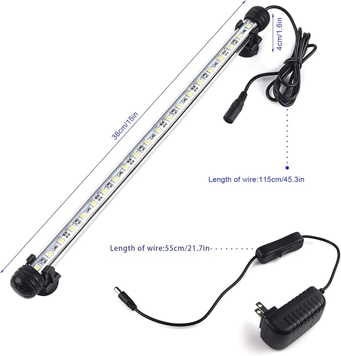 LED Aquarium Light, Fish Tank Lights Underwater Crystal Glass Bright IP68 Waterproof Submersible Strip Bar Aquarium Tank Light, White, 15 Inch