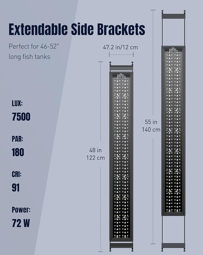 Pawfly Aquarium Light for Plants, 72 W Fish Tanks Light, Full Spectrum Aquarium Lights, 24/7 LED Aquarium Light with Timer & Adjustable Brightness, Fishes Lamp for 46"-52" Tanks