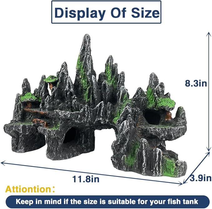 Large Fish Tank Decorations Fish Tank Decor Aquarium Rock Mountain View Aquarium Ornament Tree House Cave Fishtank Rocks for Large Fishtank Glofish Tank Decorations - 13 Inches Long