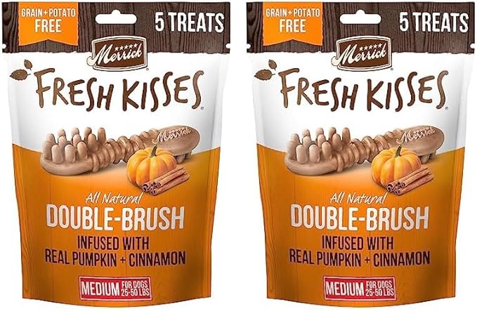Merrick Fresh Kisses Natural Dental Chews, Treats Infused with Pumpkin and Cinnamon for Medium Dogs 25-50 Lbs - 5 oz. Pouch (Pack of 2)