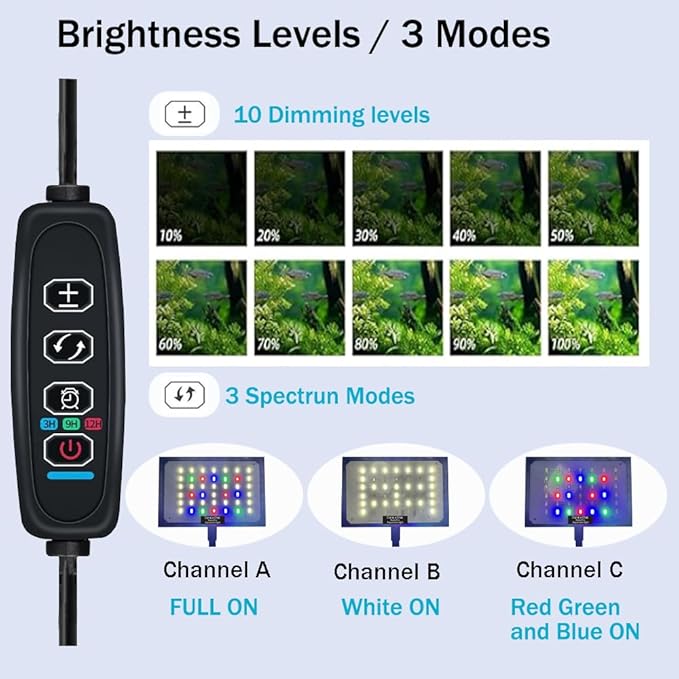 Aquarium Light, 3 Mode Clip on Fish Tank Light with Timer Function, Full Spectrum Aquarium Plant Light, Adjustable Brightness, for 8-16 Inch Fish Tank