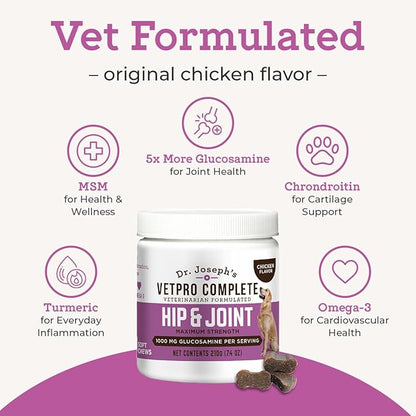VetPro Complete Dr. Joseph's Dog Hip and Joint Supplement, 60 Count, Chicken Flavored Pain and Inflammation Relief Chews with Glucosamine, Chondroitin, MSM, Turmeric, Vitamin C, Omega 3
