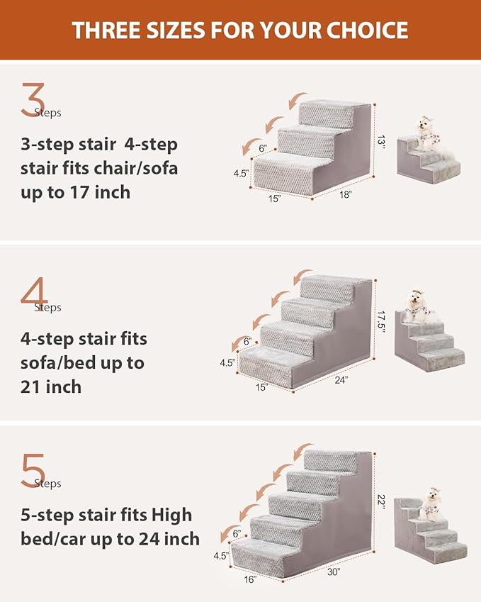 Dog Stairs for Small Dogs,22" H,5-Step Dog Steps for High Bed Couch and Sofa,Pet Stairs for Dogs and Cats Climbing with Non-Slip Bottom and Washable Cover,Light Grey