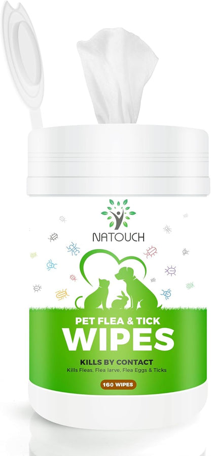 Flea and Tick Wipes for Dogs & Cats, Dog Flea and TIick Treatment Prevention Wipes, All Natural Grooming Wipes for Cleaning, Help with Ticks, Fleas, Eggs & Larvea, 160 Count