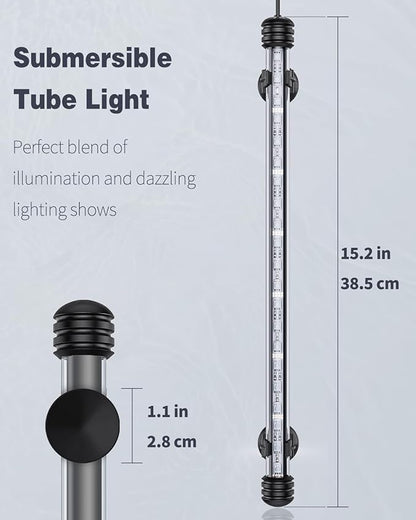 Pawfly 4.2 W Aquarium LED Light 15.2 Inch Underwater Fish Tank Light with Timer Auto On/Off Fish Tank Background Lights with 8 Lighting Modes Submersible Multi-Colored Tube Lights for Decoration