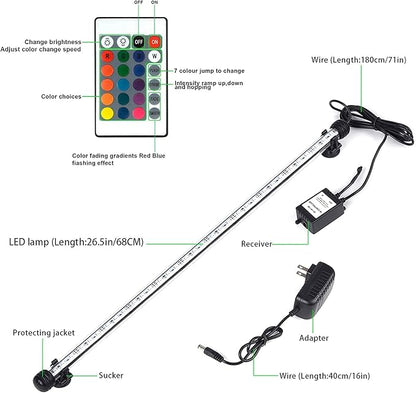 LED Aquarium Lights Fish Tank Light Underwater RGB Color Changing Brightness Adjustable Memory IP68 Waterproof Submersible LED Light Strip bar for Fish Tank, 27 inch