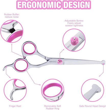 5 in 1 Dog Grooming Scissors with Safety Round Tips, Dog Grooming Scissors Kit, 4CR Stainless Steel Professional Pet Grooming Shears for Dog, Cat,Sharp and Sturdy, Pink