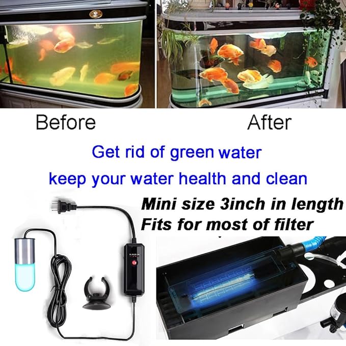 Aquarium UVC Clean Light Algae Clear Green Bloom Clean Fish Tank UVC Water Clean Lamp for Sump Pond Filter Tank (3W with Timer)
