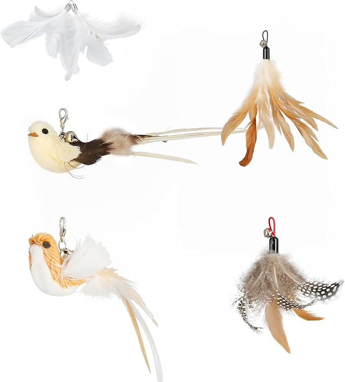 ROSAUI Cat Wand Refill Set – 5 Clip-On Toys (3 Feathers + 2 Birds) for Interactive Play – Replacement Attachments Most Cat Wands