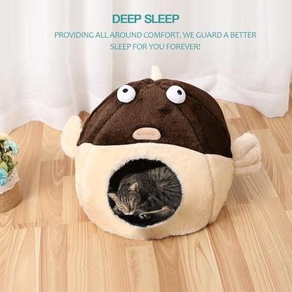 Cat Beds for Indoor Cats - Cat Bed Cave with Removable Washable Cushioned Pillow, Soft Plush Premium Cotton No Deformation Pet Bed, Lively Pufferfish cat House Design, Brown, Multiple Sizes