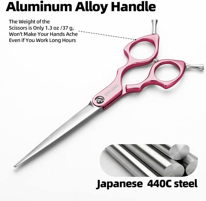6.5" Dog Grooming Scissors Ultra-Light Aluminum Handle Scissors for Dogs and Cats Straight Cutting Shears Professional Pet Quick Trimming Sharp (Pink-Straight)