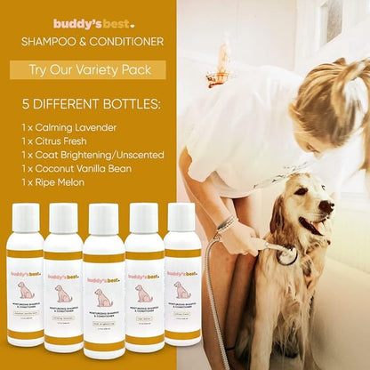 Buddy’s Best 4oz Travel-Size Dog Shampoo and Conditioner with Shea Butter, Oatmeal, Biotin, and Aloe Vera, Alcohol-Free Deep Moisturizer for Dry, Itchy Skin and Coats (Citrus Fresh)