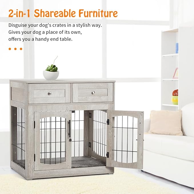Dog Crate Furniture with Double Drawers, Wooden End Table Dog Kennel, Furniture Style Wood House Crate for Small/Medium/Large Dogs, Decorative Dog Crate with Storage for Large Breed, 40 Inch, Gray