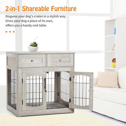 Dog Crate Furniture with Double Drawers, Wooden End Table Dog Kennel, Furniture Style Wood House Crate for Small/Medium/Large Dogs, Decorative Dog Crate with Storage for Large Breed, 40 Inch, Gray
