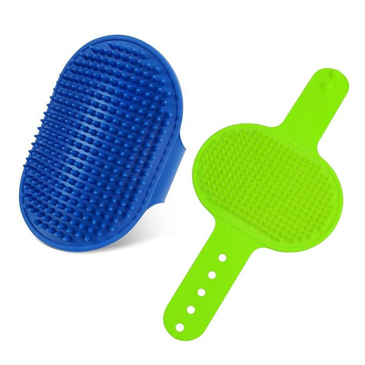Dog Bath Brush with Grooming Supplies: Dog Brush for Short Haired and Long Haired Dogs, Silicone Brush with Ring Handle, Grooming Tools for Equigroomers, Breeders, and Dog Owners(Blue and Green)