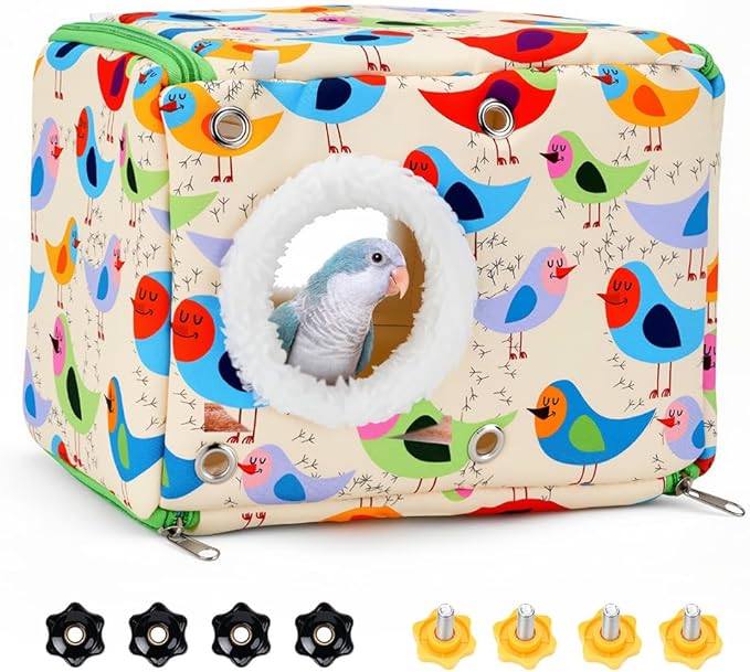 Cotton Bird Bed & Hammock for Cage - Winter Snuggle Nest with Entry Hole, Observation Window & Screw/Chain Mounting for Parakeets, Cockatiels