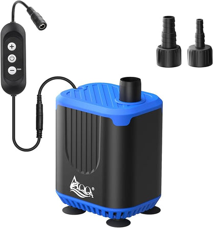 AQQA DC Aquarium Water Pump with Controller,4 Flow Adjustable,Feed Mode,IP68 Submersible Quiet Fish Tank Pump,3 Nozzles for Pond Fountain Statuary Hydroponics Freshwater Saltwater 10W 110V-240V