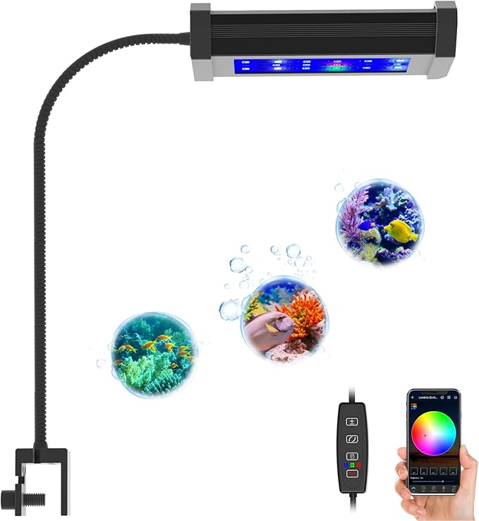 Lominie Small LED Aquarium Light Full Spectrum, 2-Channel Dimmable Fish Tank Light with Adjustable Gooseneck for Saltwater, Coral Nano Tank (Saltwater)