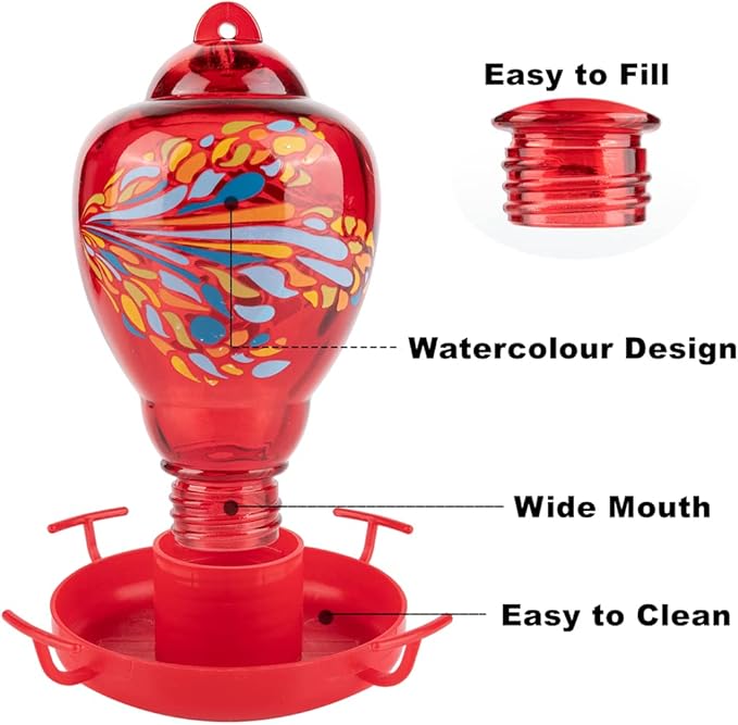 Colorful Glass Wild Bird Waterer 32 Oz Bird Water Feeder for Outdoors Garden Outside Water Cooler Tree Yard Decoration (Red)