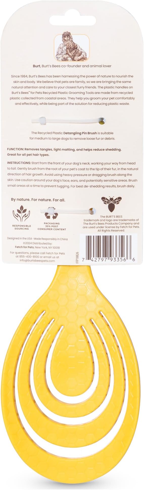 Burt_ Bees for Pets Detangling Pin Brush for Dogs with Medium to Long Hair with Handle Made from Recycled Plastics Collected from Coastal Communities | Dog Brush Removes Tangles and Loosens Matting