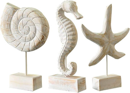 3pcs Wood Handmade Beach Nautical Style Figurines Starfish/Conch/Seahorse Statue Home Decor