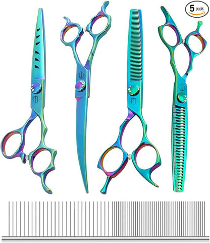 Dog Grooming Scissors: 5 in 1 Pet Shears Set Made Of Japanese 440C Advanced Stainless Steel Trimming Dogs Cats and Other Pets Green