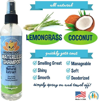 Bodhi Dog Waterless Shampoo for Dogs & Cats - Natural Dry Shampoo, Neutralizes Odor, No Rinse Needed, Safe for All Breeds - Made in USA - Lemongrass Scent (8 Fl Oz)