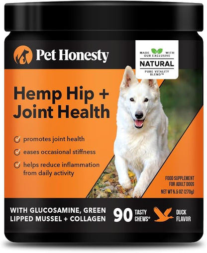 Hemp Hip & Joint Supplement for Dogs - Hemp Oil & Powder - Glucosamine Chondroitin for Dogs, Turmeric, MSM, Green-Lipped Mussel, Supports Mobility, May Reduce Discomfort (Duck)