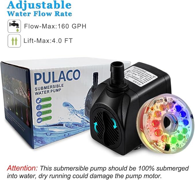 PULACO 10Watt 160GPH Submersible Fountain Pump with Automatic Color Changing LED Light and flow regulator for Water Feature, Outdoor Pond, Aquarium fish tanks