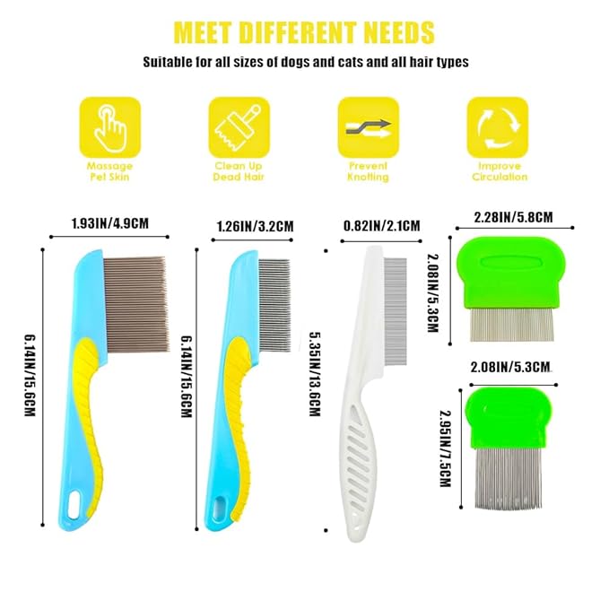 5pcs Flea Comb,Dematting Comb for Dog and Cat,Stainless Steel Teeth Head Nit Comb for Small,Medium&Large Pets,Lice Combs,Tick Comb for Dogs,Dog Combs for Grooming(A-blue green white)
