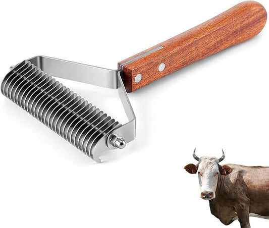 Abbylike Large Cow Brush Livestock Scratching Horse Comb for Goats Brush Cattle Supplies Shedding Dematting Comb with 27 Stainless Steel Blades and Wood Handle