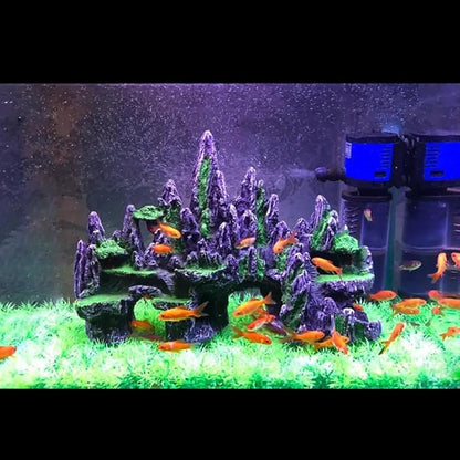 Large Fish Tank Decoration - Mountain View Aquarium Ornament with Tree House Cave Bridge Artificial Plastic Plants Large Fish Tank Decorations