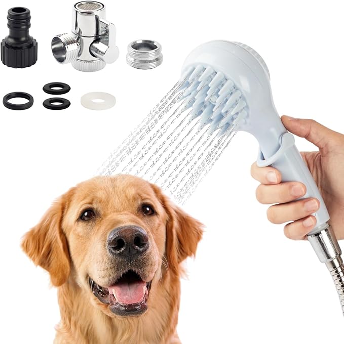 Dog Shower Head with Brush  3-in-1 Pet Grooming Tool with Shampoo Dispenser & Stainless Steel Hose  Indoor/Outdoor Use  Compatible with ¼ Faucet & ¾ Hose Adapter