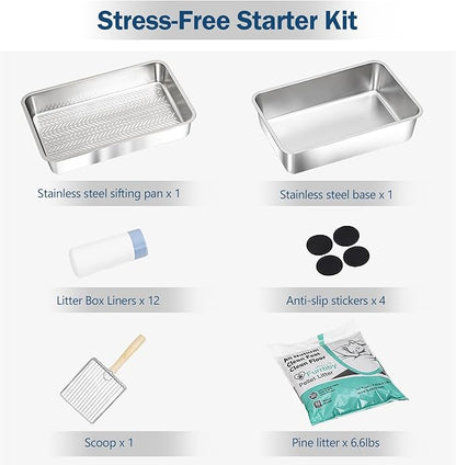 Stainless Steel Sifting Litter Box with Lid, Metal Litter Pan with Scoop for Big Cats Multi Cat, Extra Large Cats Litterbox Odor Control Easy Clean (23 * 15.4 * 6.9inch-Without Enclosure, X-Large)