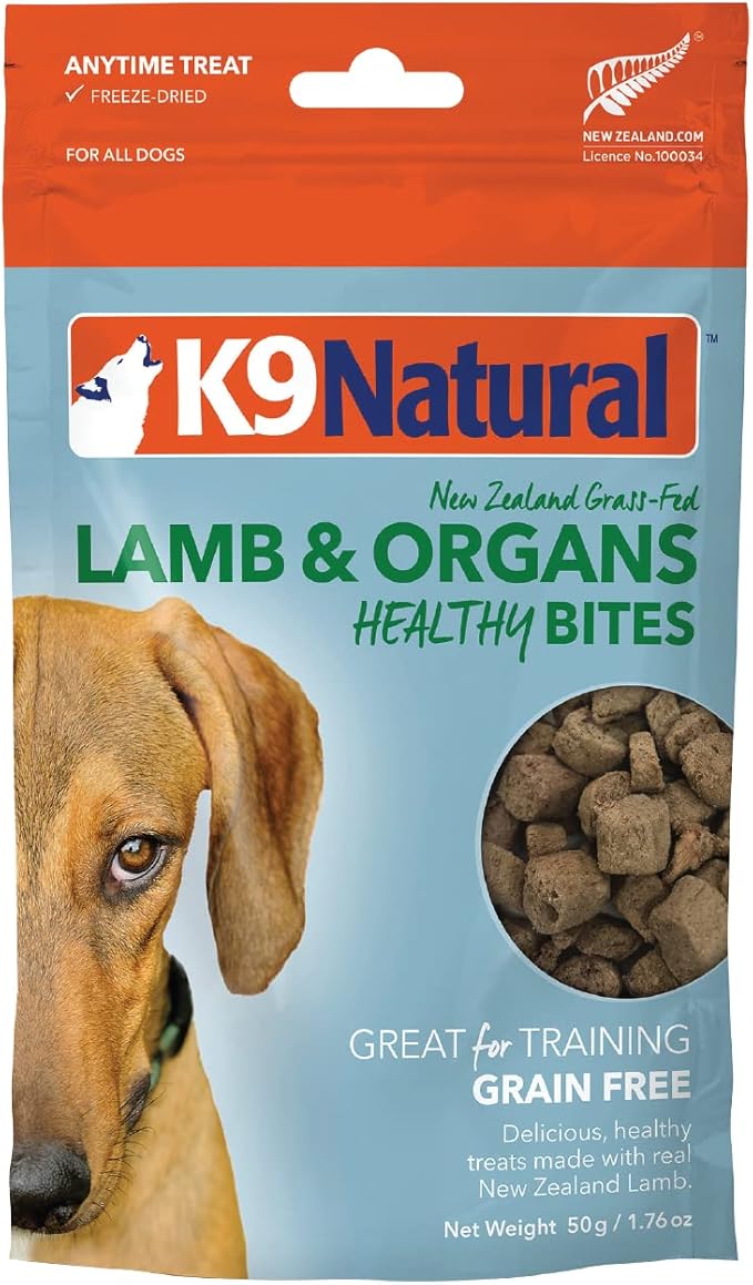 K9 Natural, Freeze-Dried Single Ingredient Dog Treats, High-Value, Low-Calorie Protein Bites for Active Dogs, Healthy Dog Training Treats, Grain-Free Reward, Lamb & Organs, 1.76oz (Pack of 2)