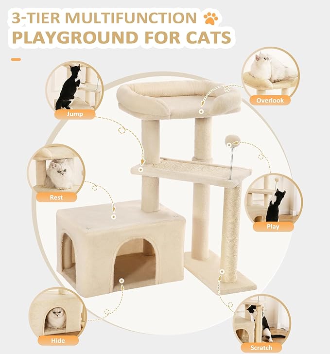 Made4Pets Cat Tree, Small Cat Tower for Indoors Cats, Cute Wood Kitty Condo with Scratching Post and Pad, 29" Multi-Level Modern Activity Climbing Furniture for Small and Medium Cats, Beige