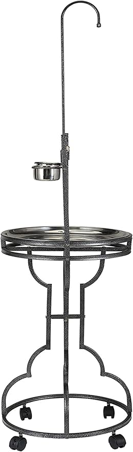 Elegant and Durable Wrought Iron Parrot Bird Play Perch Sturdy 4-Leg Rolling Stand Perch Gym Ground with Removable No Rust Stainless Steel Tray and Feed Cups Toy Hook