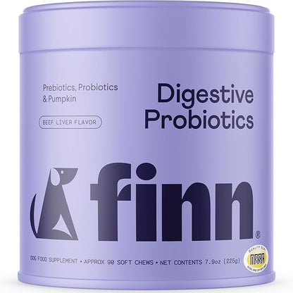 Finn Digestive Probiotics for Dogs - Complete Digestive System Support with Pumpkin, Prebiotics, & Live Probiotics - Vet Recommended & Made in The USA - 90 Soft Chews