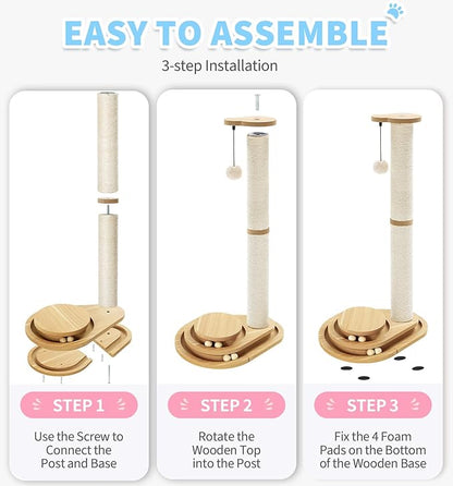 Made4Pets Cat Scratching Post Cat Scratcher Kitten Toys for Indoor Cats Wooden Ball Track Two-Layer Modern Sisal 32" Tall Scratch Post Interactive Toy with Dangling Ball Large Size