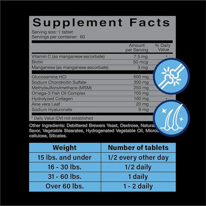Glucosamine for Dogs Hip & Joint Supplement  _wo-in-One Combo Dog Joint Care and Improved Skin & Coat with Chondroitin, MSM, Omega 3, Collagen & Biotin, 60 Chewable Tablets