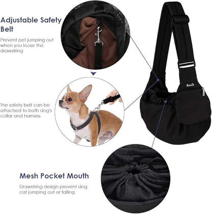 SlowTon Dog Carrier Sling - Hard Bottom Support Dog Carriers for Small Dogs with Adjustable Padded Shoudler Strap, Dog Purse for Puppy Cat Pet with Drawstring Opening Storage Zipper Pockets (Black)