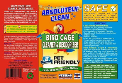 Absolutely Clean Amazing Bird Cage Cleaner and Deodorizer - Just Spray/Wipe - Safely & Easily Removes Bird Messes Quickly and Easily - Made in The US - Fragrance Free - (16oz Pack of 6)