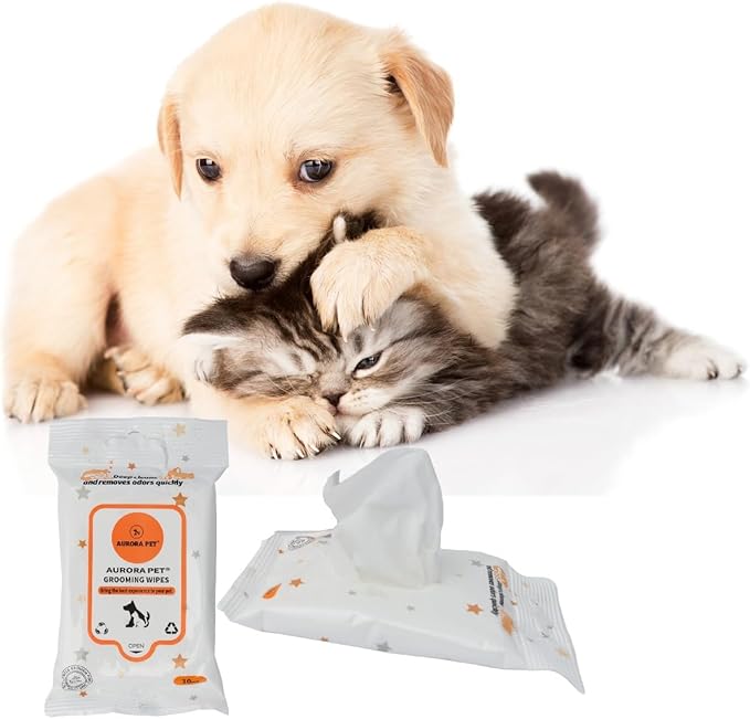 Aurora Pet Wipes – 100% Natural, Plant-Based Hypoallergenic Grooming Wipes for Dogs & Cats (60-Count Travel Pack)