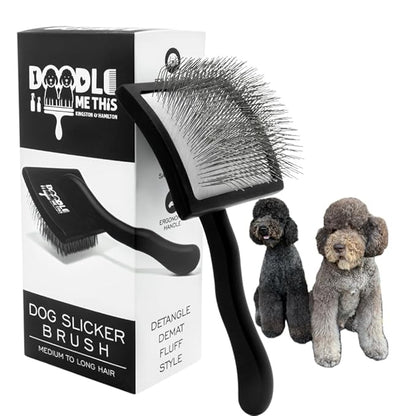 Doodle Me This | Slicker Brush for Dogs. Ergonomic black brush with extra-long stainless steel pins, easy for dematting, detangling, Groom Like a Pro at Home dog brush for shedding.
