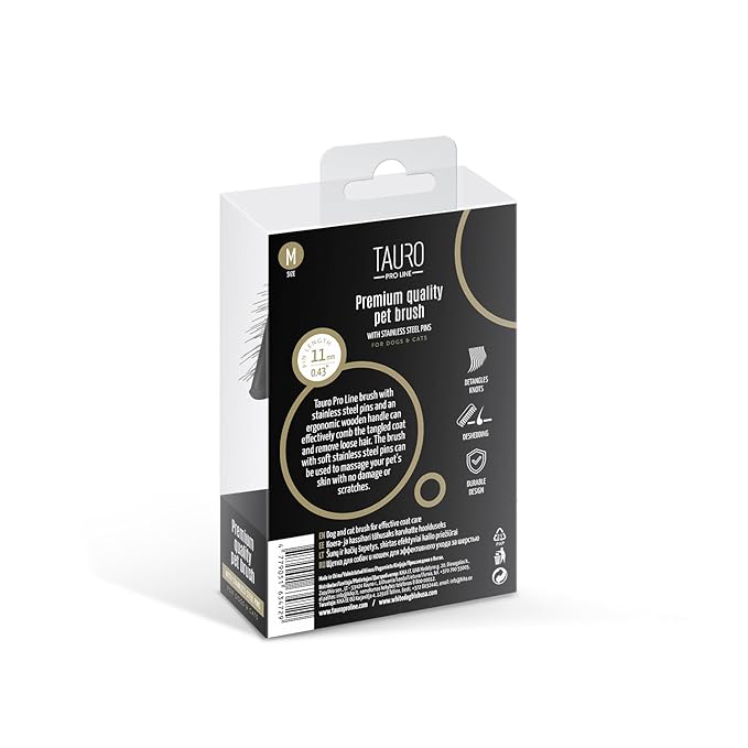 TAURO PRO LINE Wooden Dog Brush for Shedding Long and Short Hair, Wooden Soft Slicker for Grooming Haired Dogs and Cats, Metal Teeth And Sleek Design, 4,72 x 3,54 inch, M, Brown