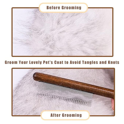Dog Cat Comb with Solid Wood Handle Stainless Steel Teeth, Professional Pet Grooming Supplies Accessories Perfect for Honghair Hairy Pets