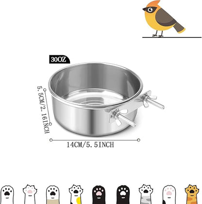 Bird Cage Feeder, Bird Feeder for Cage, 30oz Stainless Steel Food Water Bowl with Clamp, Clip-On Cage Coop Cup for Parrot Hamster Rabbit Rat Small Animals